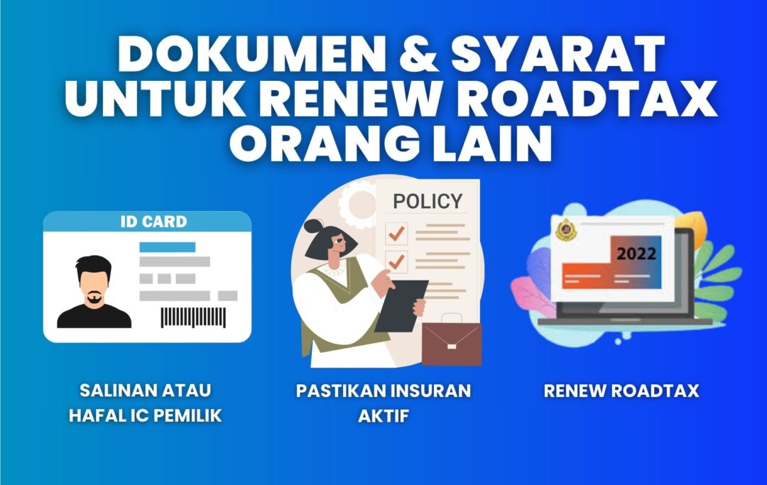  Infografik menunjukkan lima dokumen dan syarat penting untuk renew roadtax orang lain melalui BJAK, termasuk IC, insurans, surat wakil, dan terima e-roadtax.