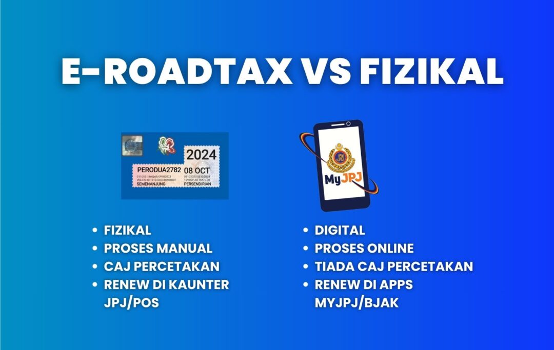 Infografik membandingkan e-roadtax dan stiker fizikal, termasuk cara renew online, pembayaran, dan penerimaan roadtax melalui BJAK.
