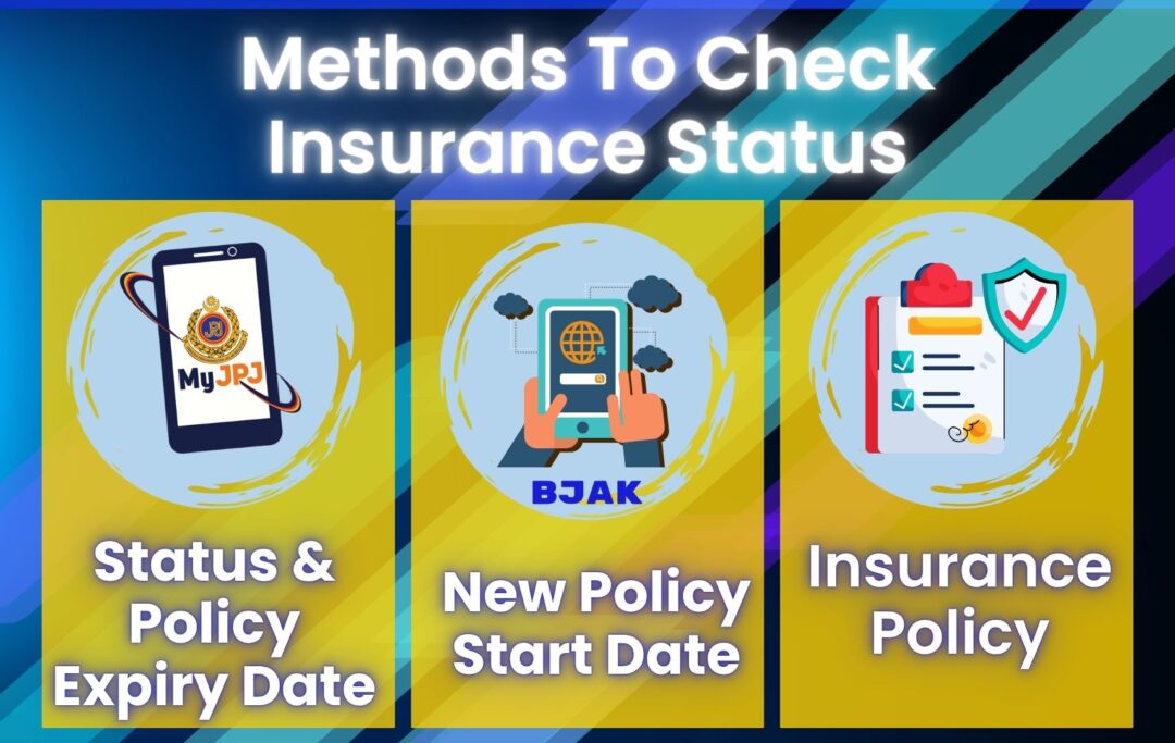 Infographic showing methods to check active car insurance: MyJPJ app, JPJ portal, MyEG, and Bjak quotation page.